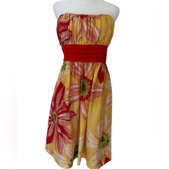 BCBG Silk Yellow Red Floral Strapless Mini Dress Size 12 - Picture 2 of 16